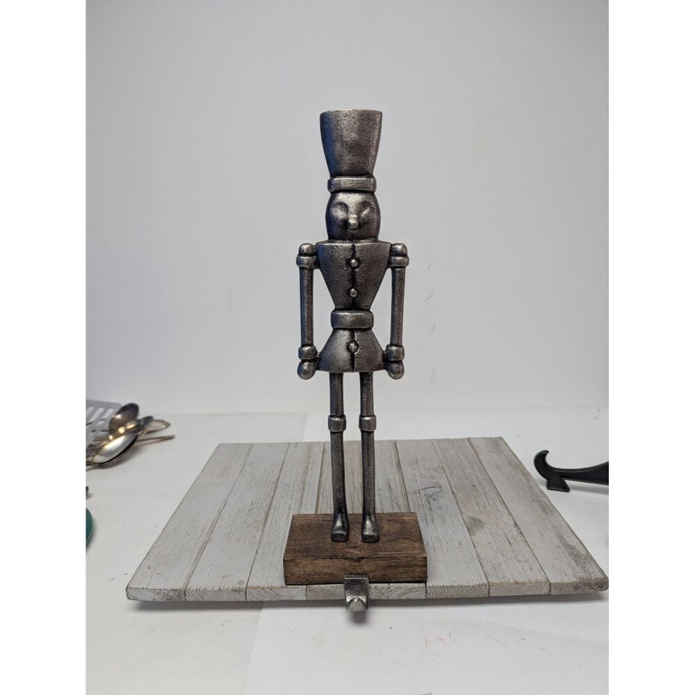 Rustic Metal Christmas Nutcracker Stocking Holder Silver 15" Holiday Farmhouse - Picture 1 of 5